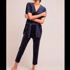 ANTHROPOLOGIE NAVY BLUE SHORT SLEEVE STRETCHY VELOUR JUMPSUIT